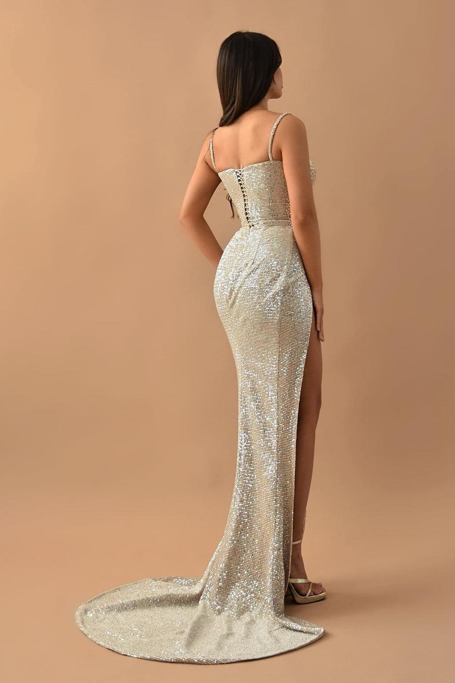 Silver Mermaid Prom Dress Sleeveless Spaghetti Straps Sequined Evening Dress