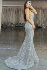 Silver Mermaid Prom Dress Sleeveless Spaghetti Straps Sequined Evening Dress