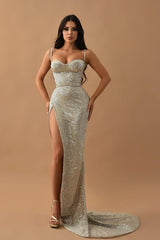 Silver Mermaid Prom Dress Sleeveless Spaghetti Straps Sequined Evening Dress