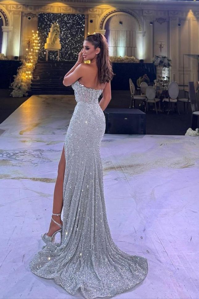 Silver Mermaid Prom Dress Sleeveless Sweetheart Sequined Evening Dress