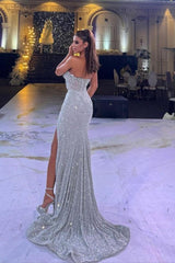 Silver Mermaid Prom Dress Sleeveless Sweetheart Sequined Evening Dress