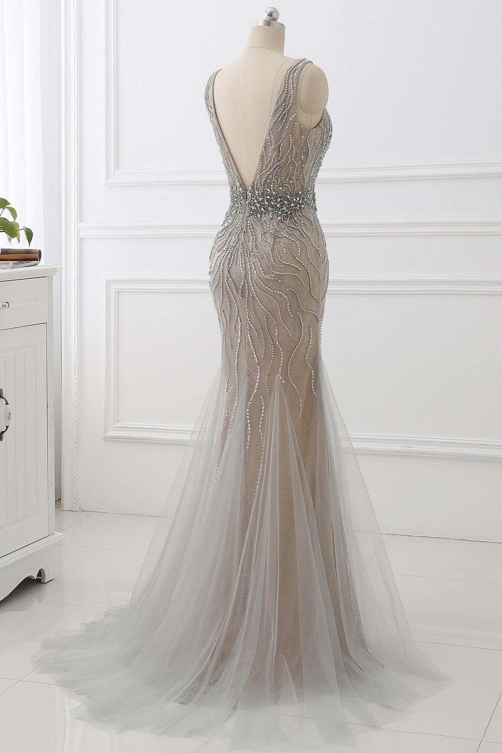 Silver Mermaid Prom Dress Sleeveless V Neck Beaded Evening Dress