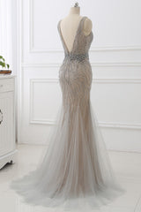 Silver Mermaid Prom Dress Sleeveless V Neck Beaded Evening Dress