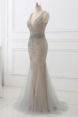 Silver Mermaid Prom Dress Sleeveless V Neck Beaded Evening Dress