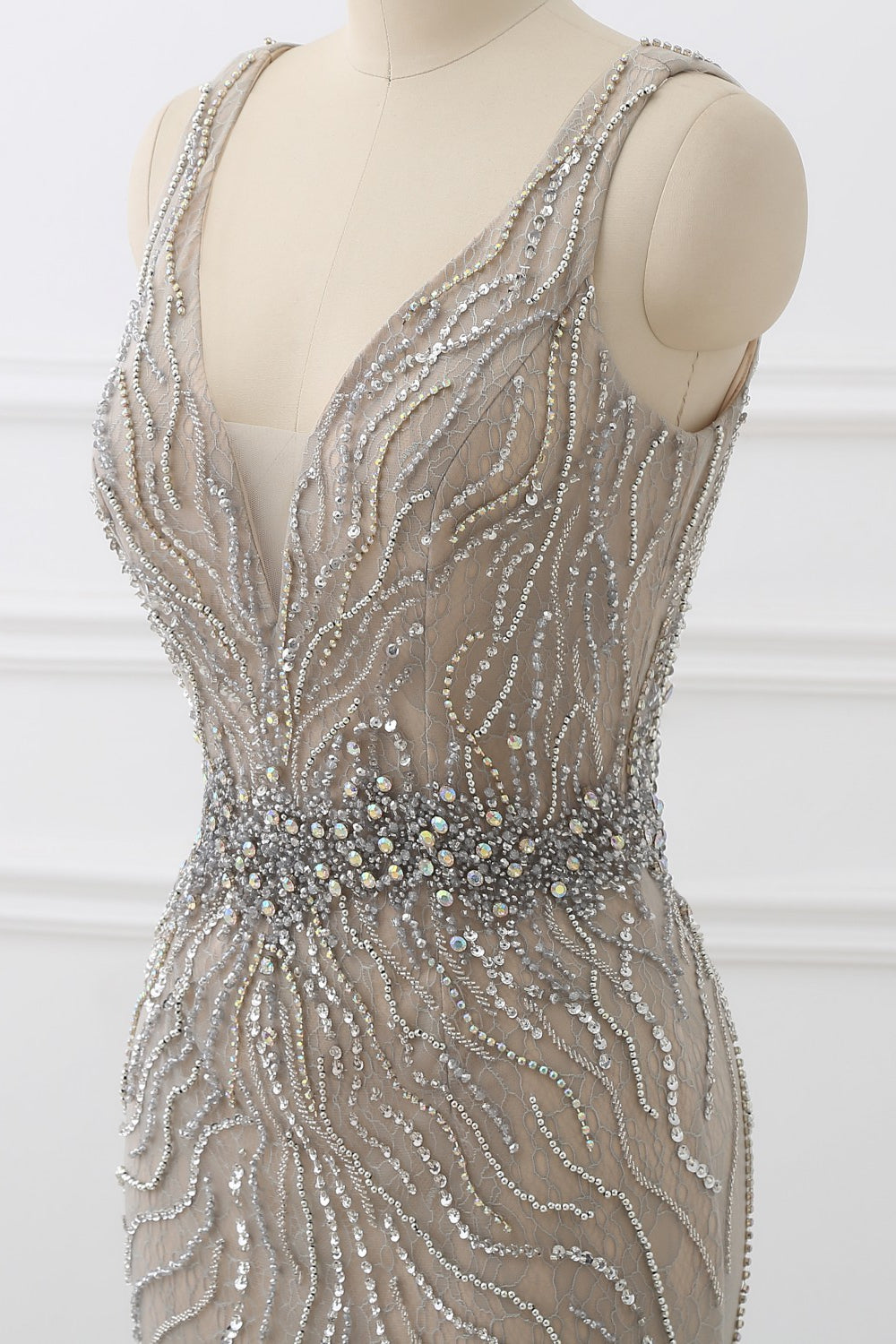 Silver Mermaid Prom Dress Sleeveless V Neck Beaded Evening Dress