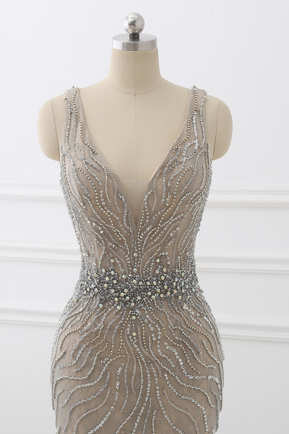 Silver Mermaid Prom Dress Sleeveless V Neck Beaded Evening Dress