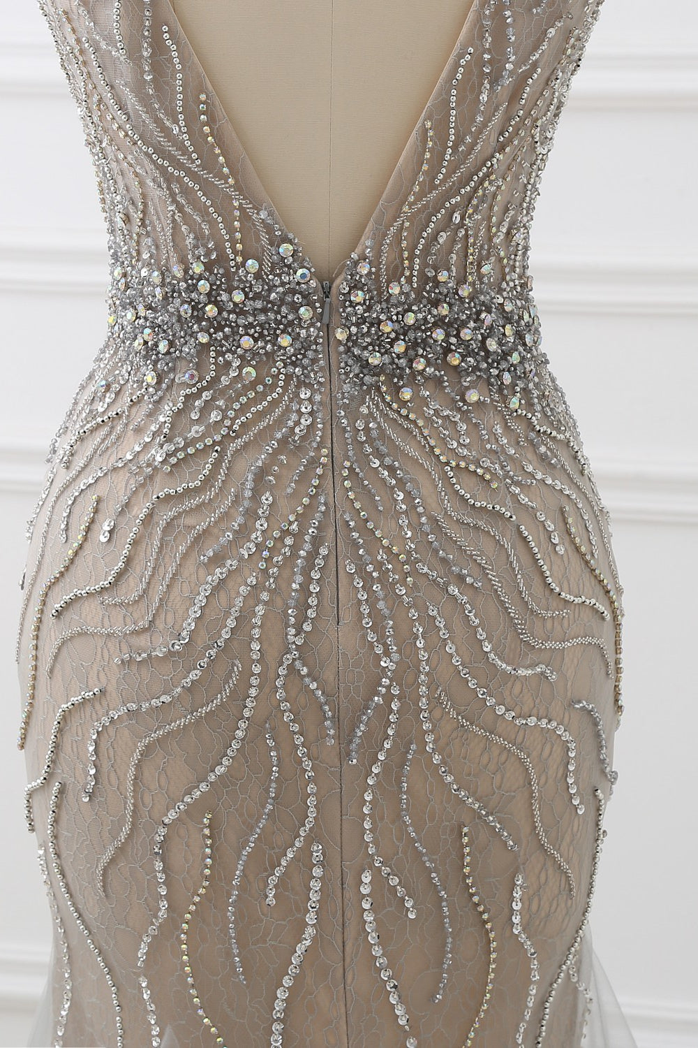 Silver Mermaid Prom Dress Sleeveless V Neck Beaded Evening Dress