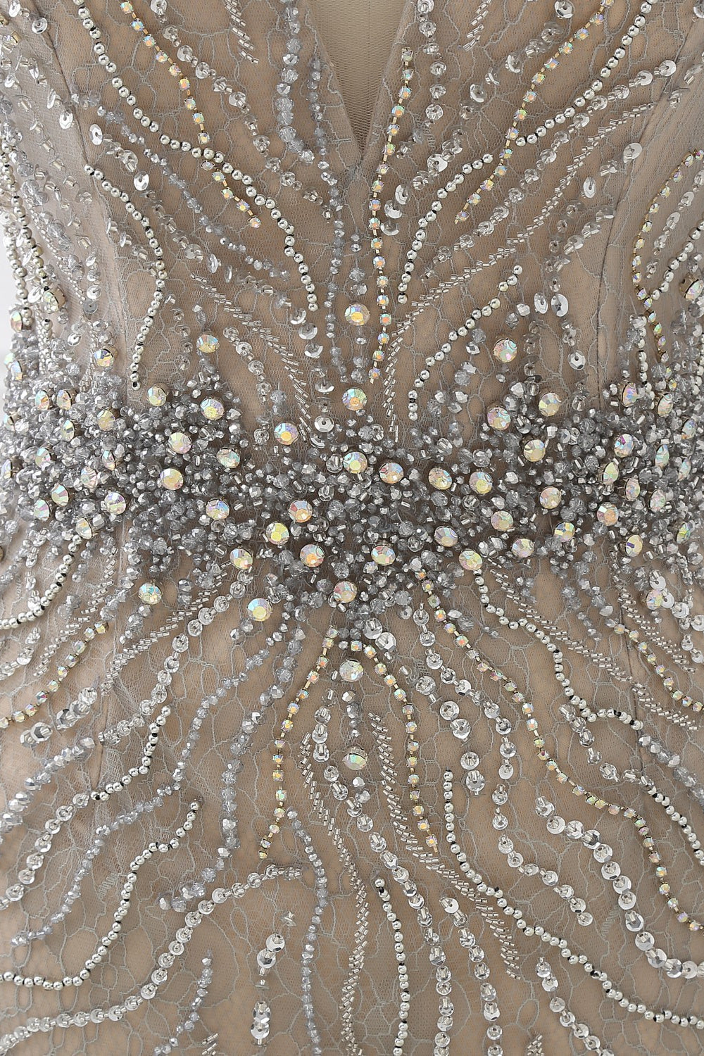 Silver Mermaid Prom Dress Sleeveless V Neck Beaded Evening Dress