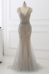 Silver Mermaid Prom Dress Sleeveless V Neck Beaded Evening Dress