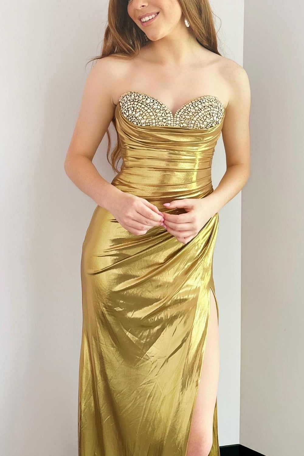 Silver Prom Dress Beaded Metallic Long Prom Dres with Slit