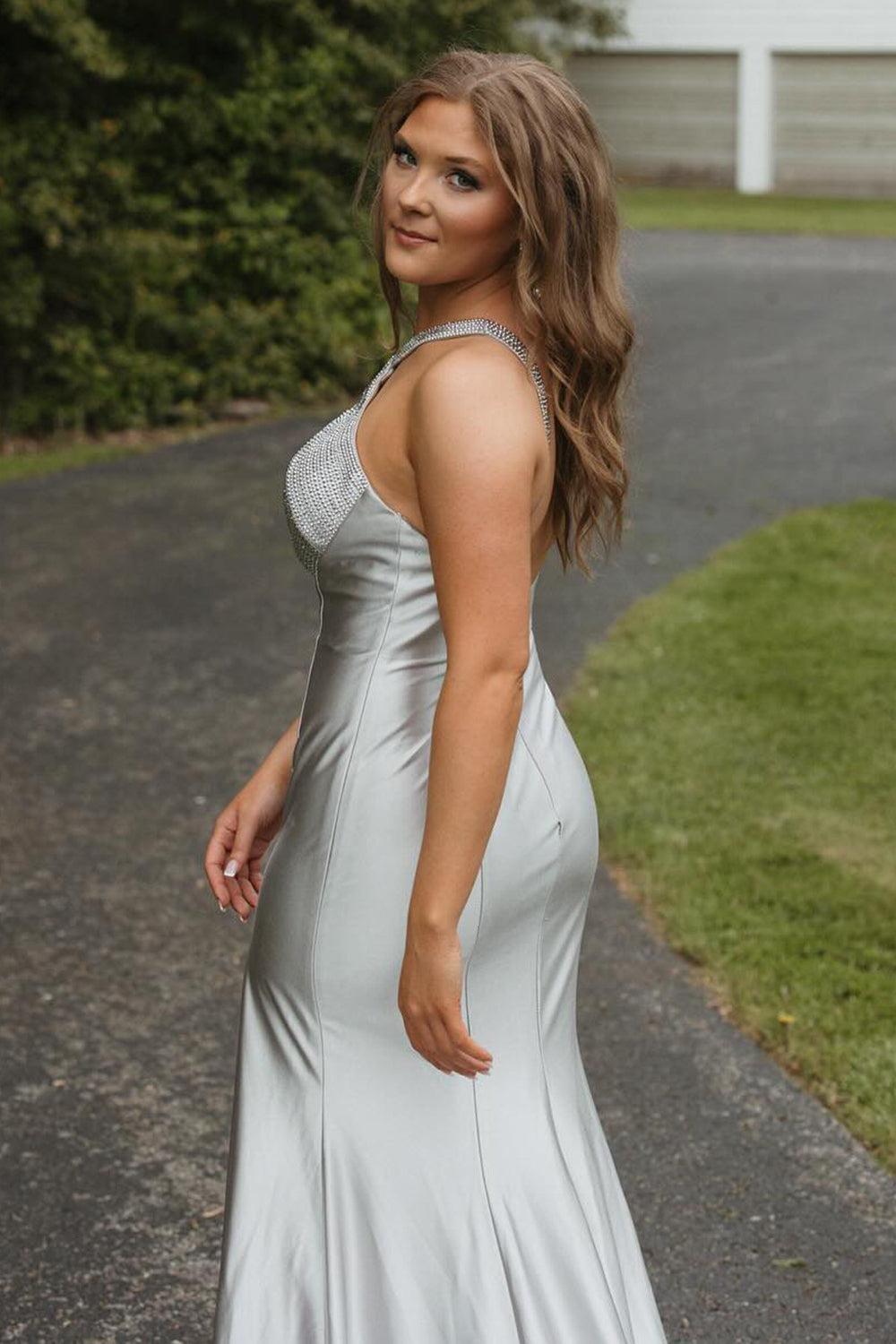 Silver Prom Dress Halter Mermaid Hollow Out Long Evening Dress with Slit