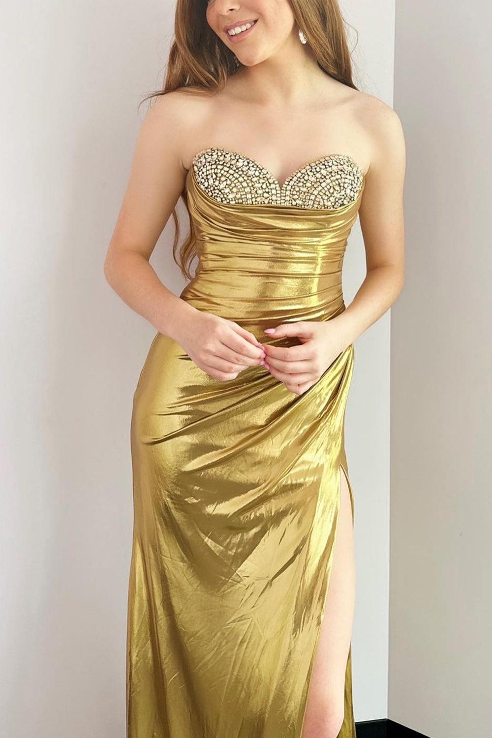 Silver Prom Dress Mermaid Beaded Metallic Long Evening Dress with Slit