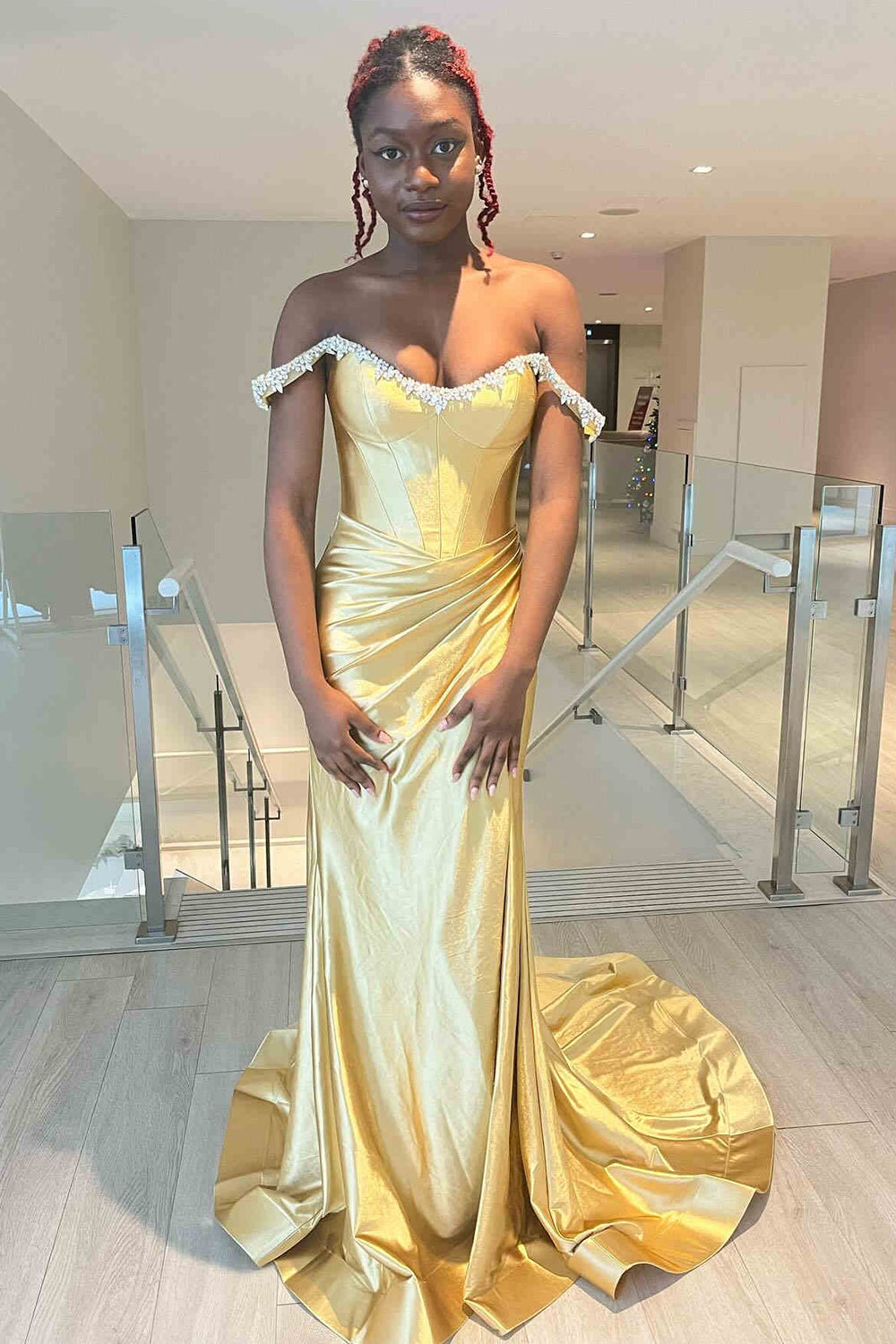 Silver Prom Dress Off The Shoulder Mermaid Satin Long Evening Dress with Slit