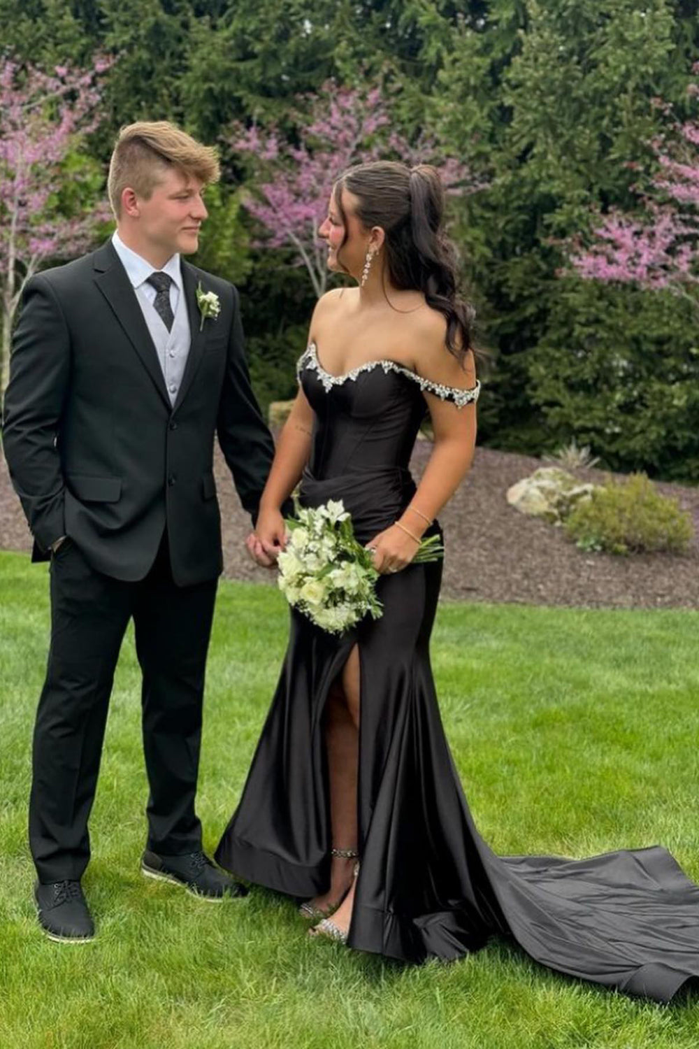 Silver Prom Dress Off The Shoulder Mermaid Satin Long Evening Dress with Slit