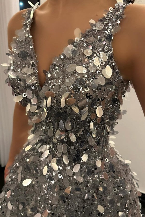 Silver Sequin A Line Prom Dress with V Neck