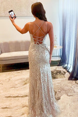 Silver Sequin Spaghetti Strap Mermaid Slit Prom Dress With Crisscross Lace-Up Back Formal Evening Gown