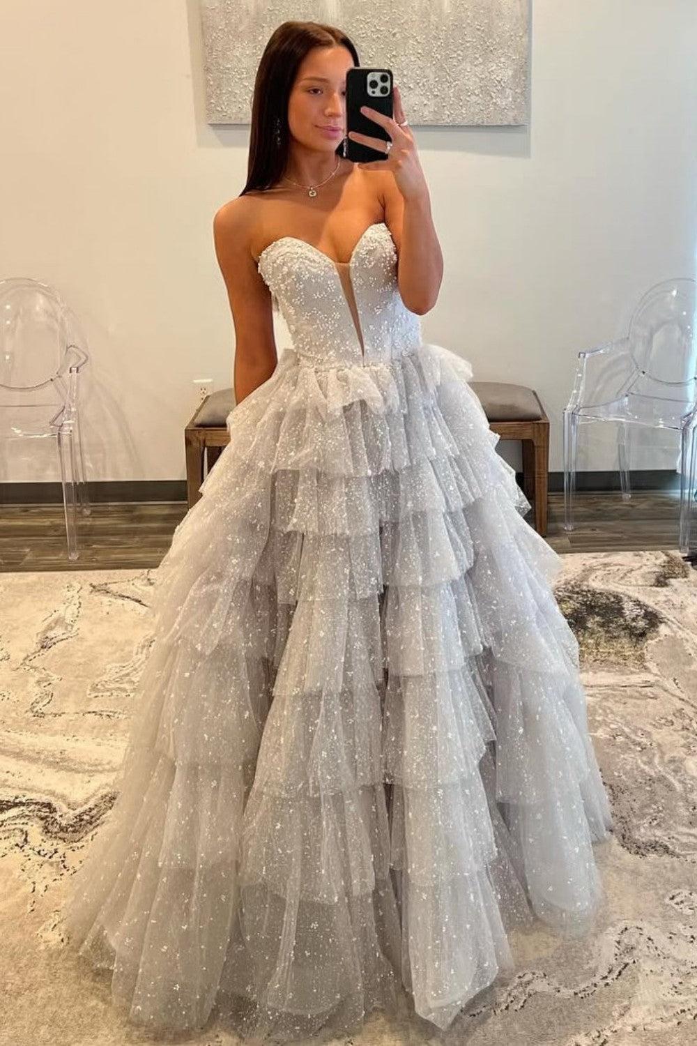 Dreamyannie Silver Sparkling A-Line Sweetheart Ruffle Layer Prom Ball Gown Formal Evening Gown