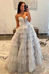 Dreamyannie Silver Sparkling A-Line Sweetheart Ruffle Layer Prom Ball Gown Formal Evening Gown