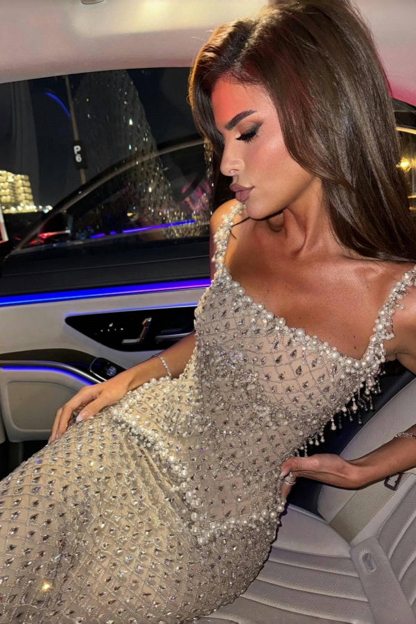 Silver Square Neck Evening Dress Beaded Rhinestones Prom Formal Dress
