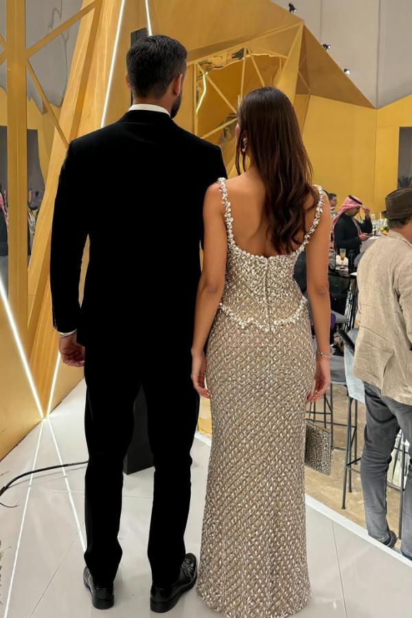 Silver Square Neck Evening Dress Beaded Rhinestones Prom Formal Dress