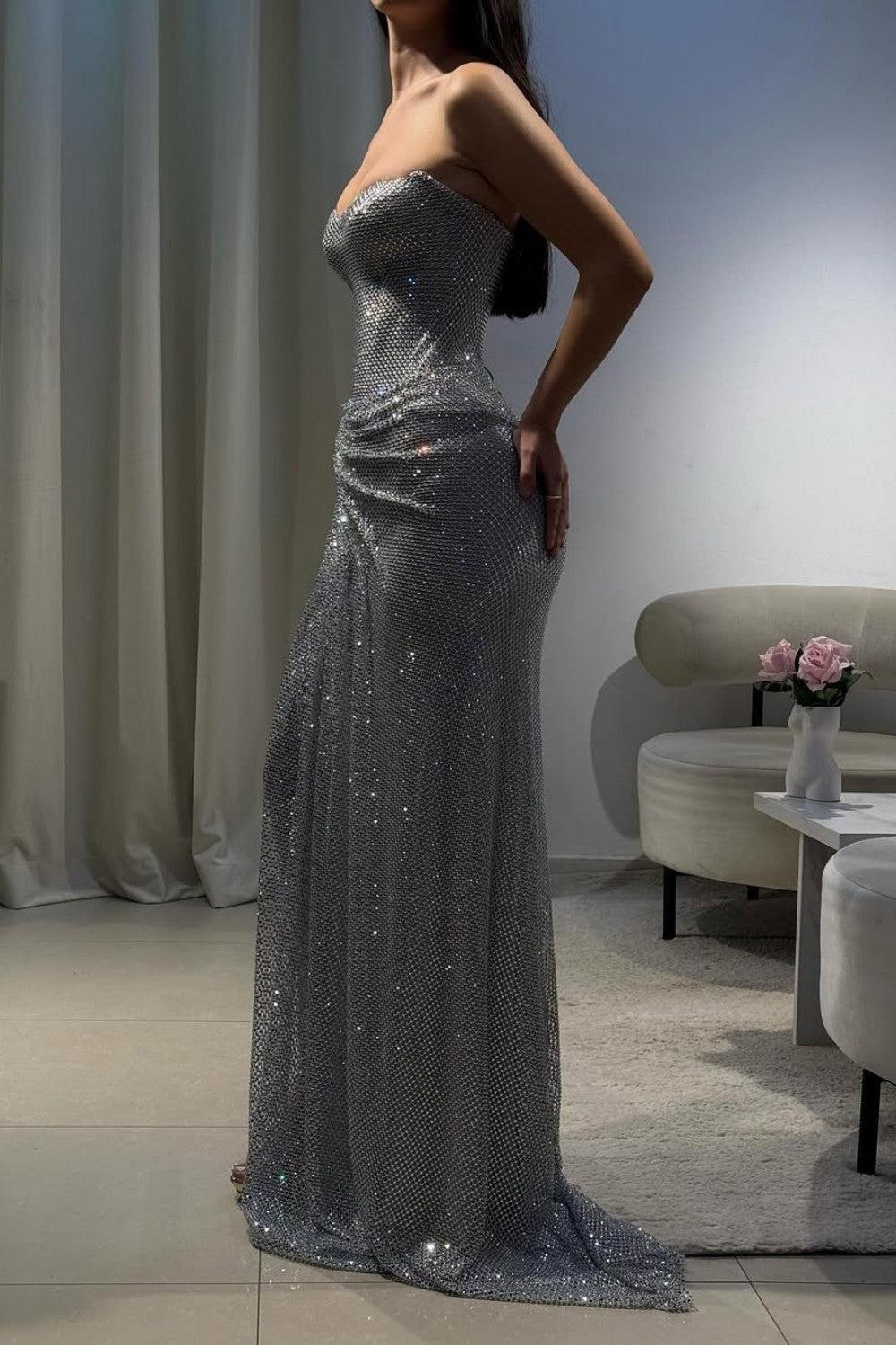 Silver Strapless Sequin Mermaid Prom Dress With High Slit And Draped Detail Formal Evening Gown