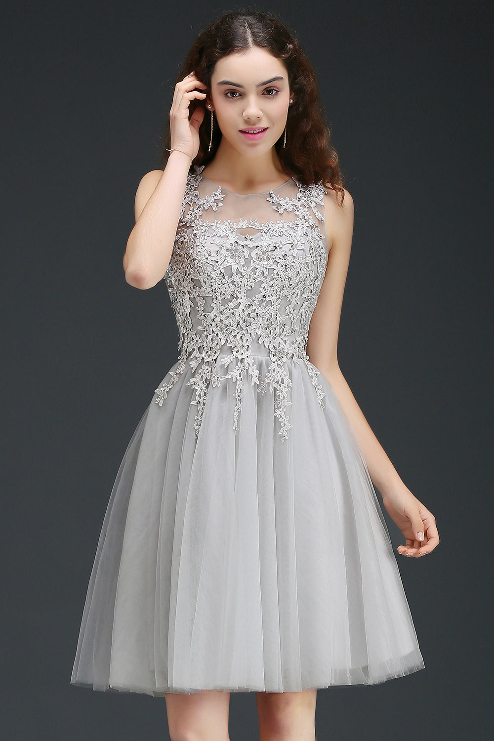 Silver Tulle Graduation Dress A Line Sleeveless Short Prom Dress with Appliques