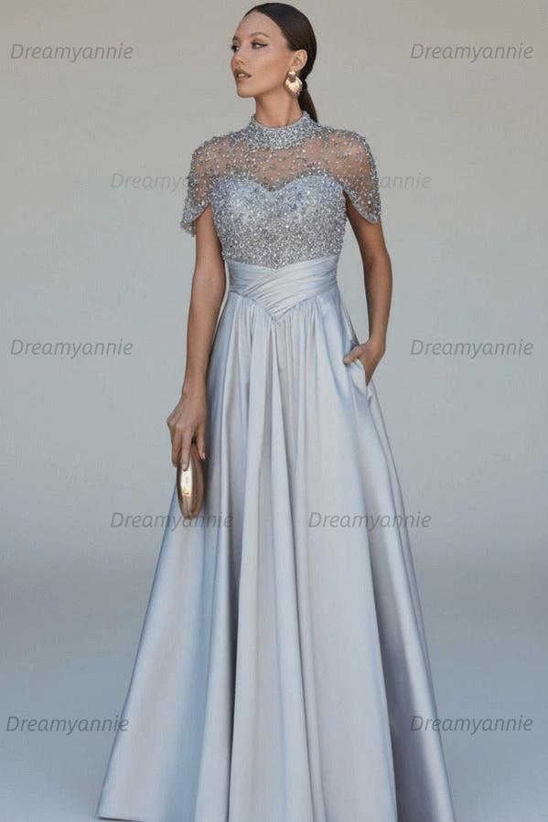 Green A Line Prom Dress Short Sleeve High Neck Beaded Evening Dress