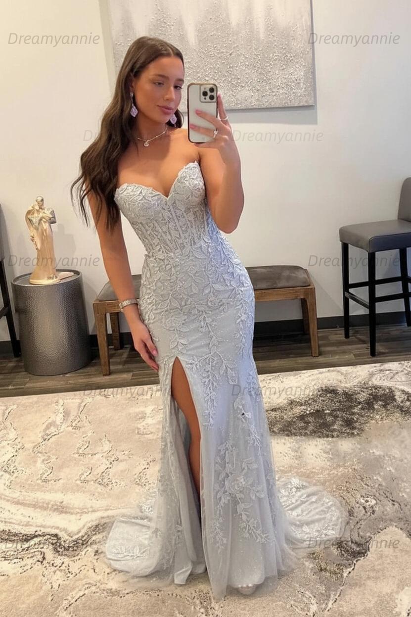 Light Blue Prom Dress Mermaid Sweetheart Corset Long Laced Evening Dress with Slit