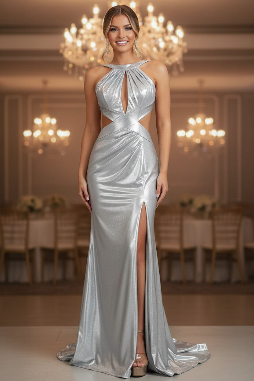 Stylish Fuchsia Metallic Mermaid Prom Dress With Slit And Open Back Formal Evening Gown