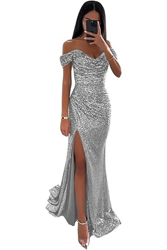 Off the Shoulder Prom Dress Sequined Evening Dress with Slit