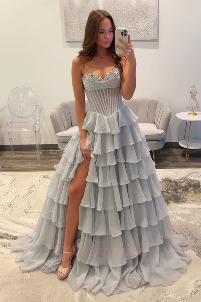 Dreamyannie Ruffled Black Prom Dress A Line Corset Long Formal Dress With Beadings