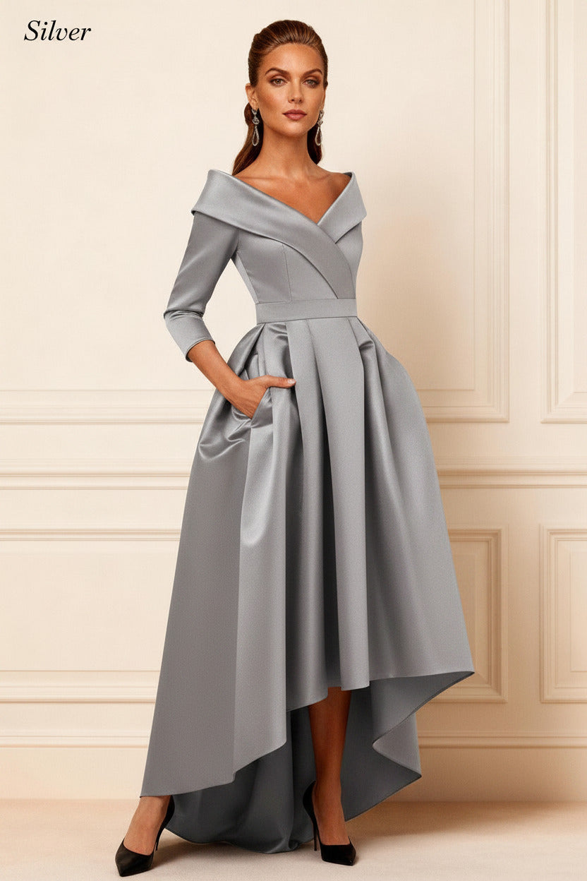 Dreamyannie Dark Navy V Neck Satin High Low Mother Of The Bride Dress With Pockets
