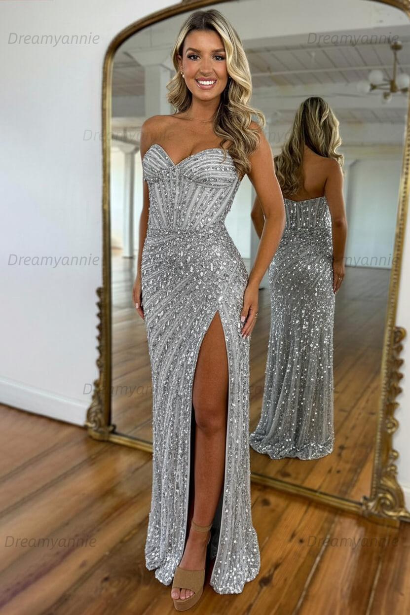 Sweetheart Mermaid Sequined Prom Dress With High Slit Skirt Evening Gown