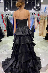 Black Prom Dress A-Line Corset Sweetheart High Low Tiered Graduation Dress