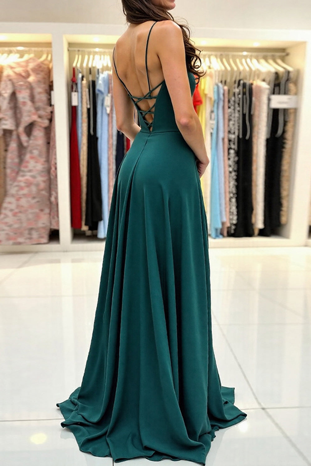 Simple Dark Green Prom Dress Spaghetti Straps A Line Long Formal Dress With Slit