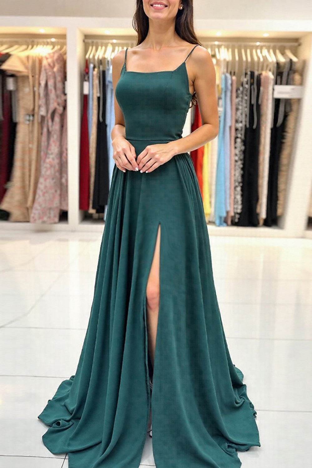 Simple Dark Green Prom Dress Spaghetti Straps A Line Long Formal Dress With Slit
