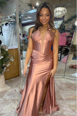 Simple Fuchsia Prom Dress Corset Halter Mermaid Long Satin Evening Dress with Slit