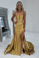 Simple Gold Prom Dress Corset Strapless Long Formal Dress With Slit