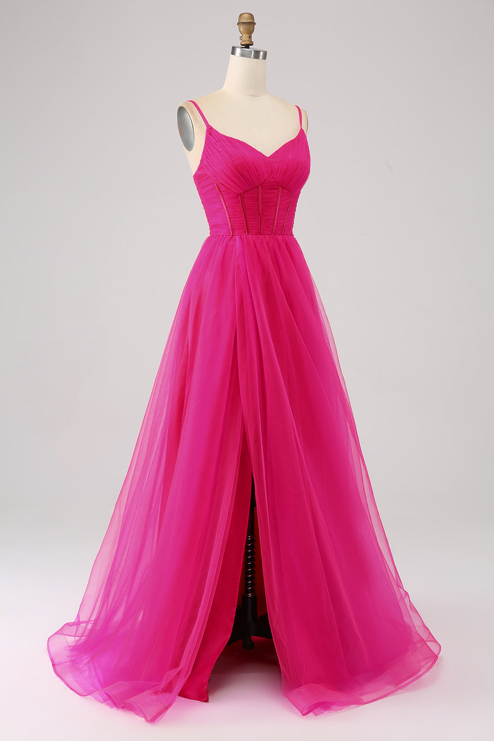 Simple Hot Pink Prom Dress Corset A Line Long Tulle Evening Dress with Slit
