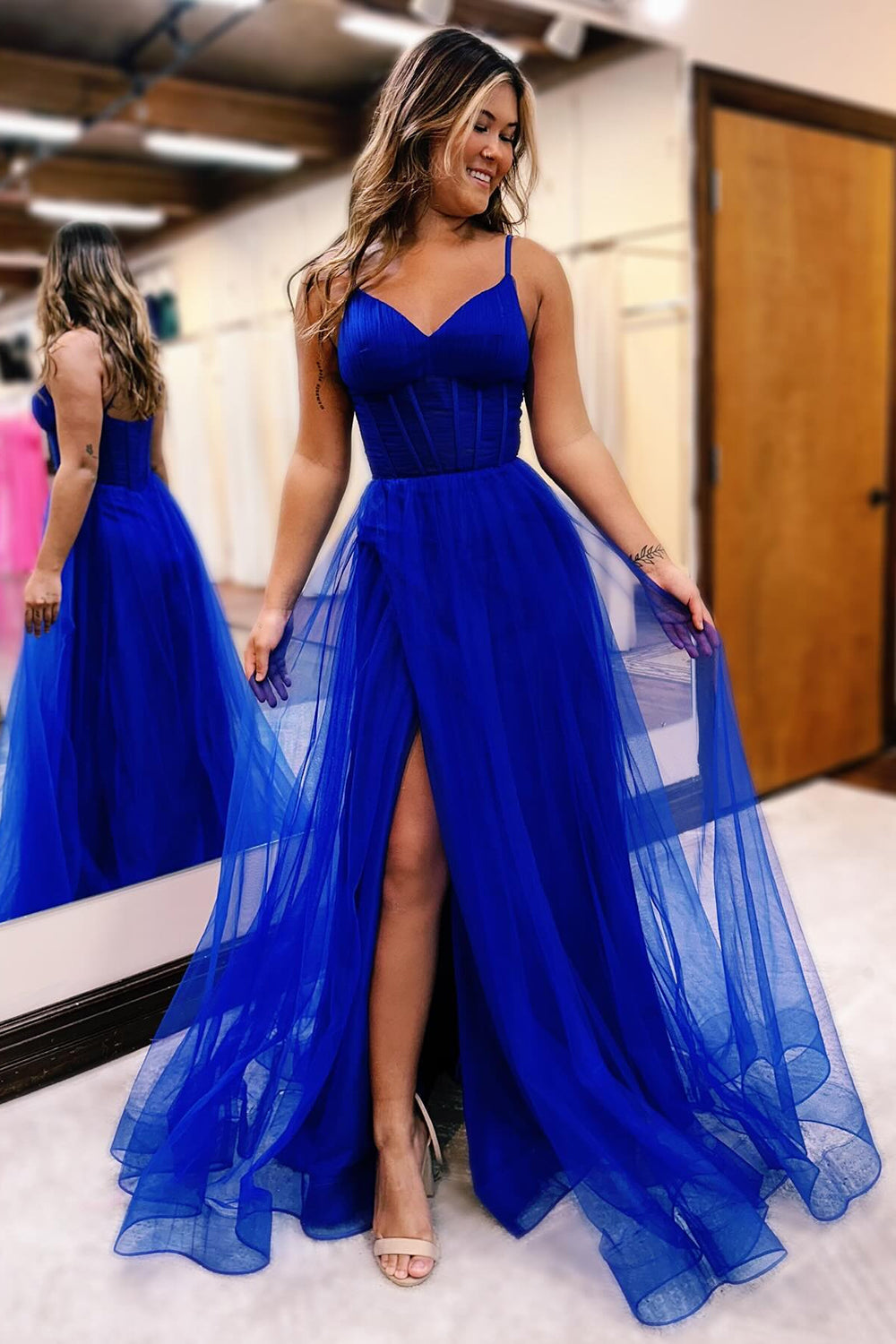 Simple Hot Pink Prom Dress Corset A Line Long Tulle Evening Dress with Slit