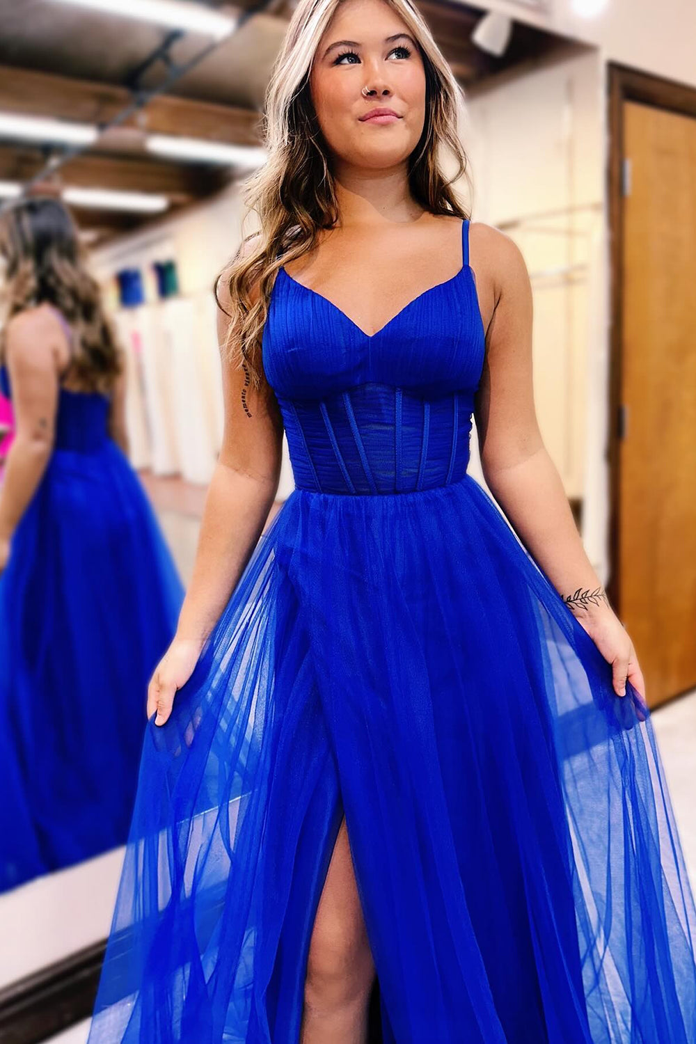 Simple Hot Pink Prom Dress Corset A Line Long Tulle Evening Dress with Slit