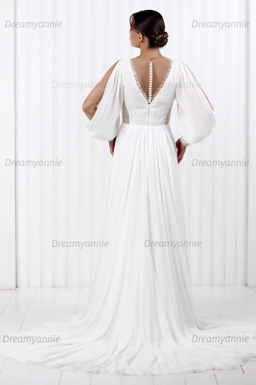 Simple Long Sleeve Beach Wedding Dress Chiffon A Line Boho Bridal Gown