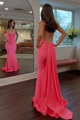 Dreamyannie Simple Mermaid Spaghetti Straps Candy Pink Long Prom Dress With Train Formal Evening Gown