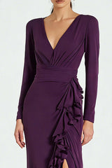 Simple Plum Satin V-Neck Long Sleeves Prom Dress With Ruffles