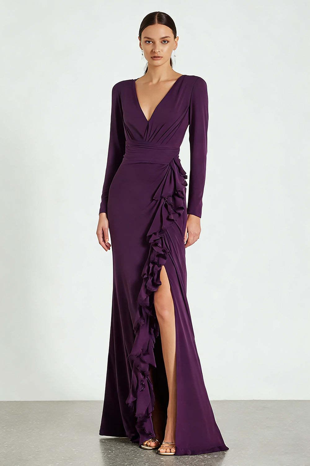 Simple Plum Satin V-Neck Long Sleeves Prom Dress With Ruffles