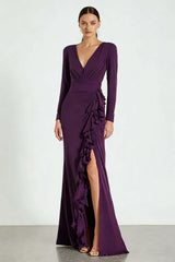 Simple Plum Satin V-Neck Long Sleeves Prom Dress With Ruffles