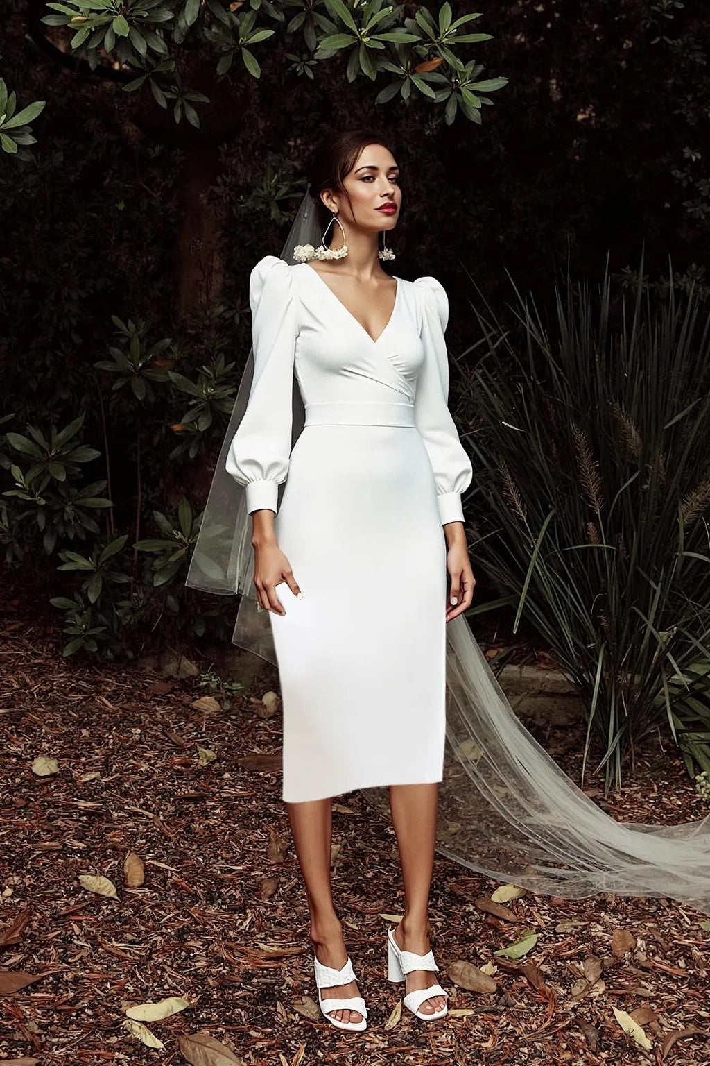 Simple V Neck Wedding Dress Long Sleeve Sheath/Column Bridal Gown