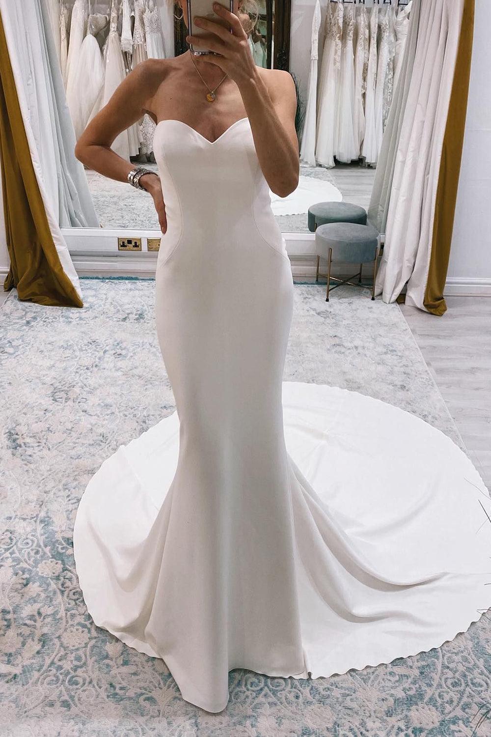 Simple White Boho Long Mermaid Beach Wedding Dress with Sweep Train