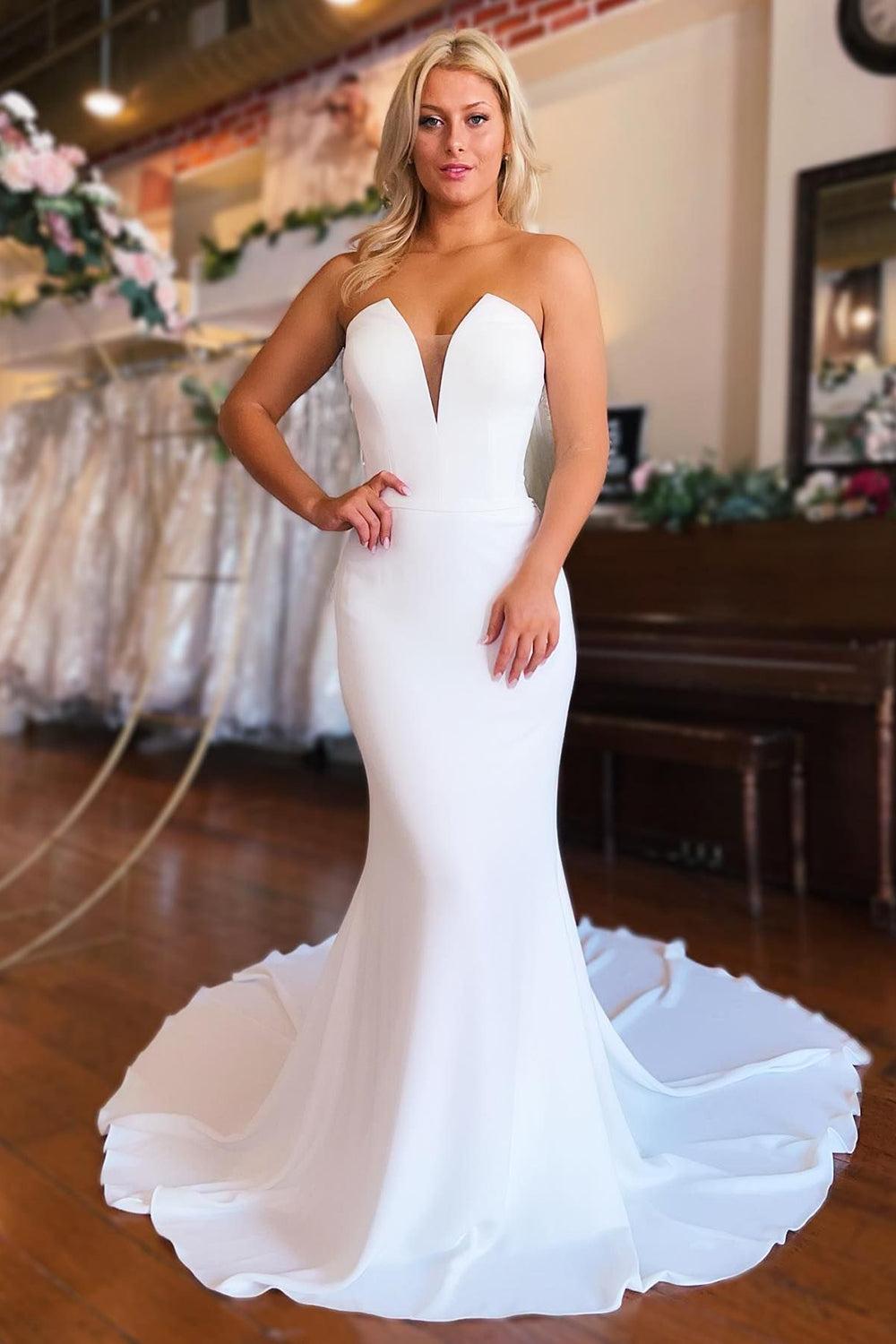 Simple White Boho Mermaid Long Sleeveless Beach Wedding Dress