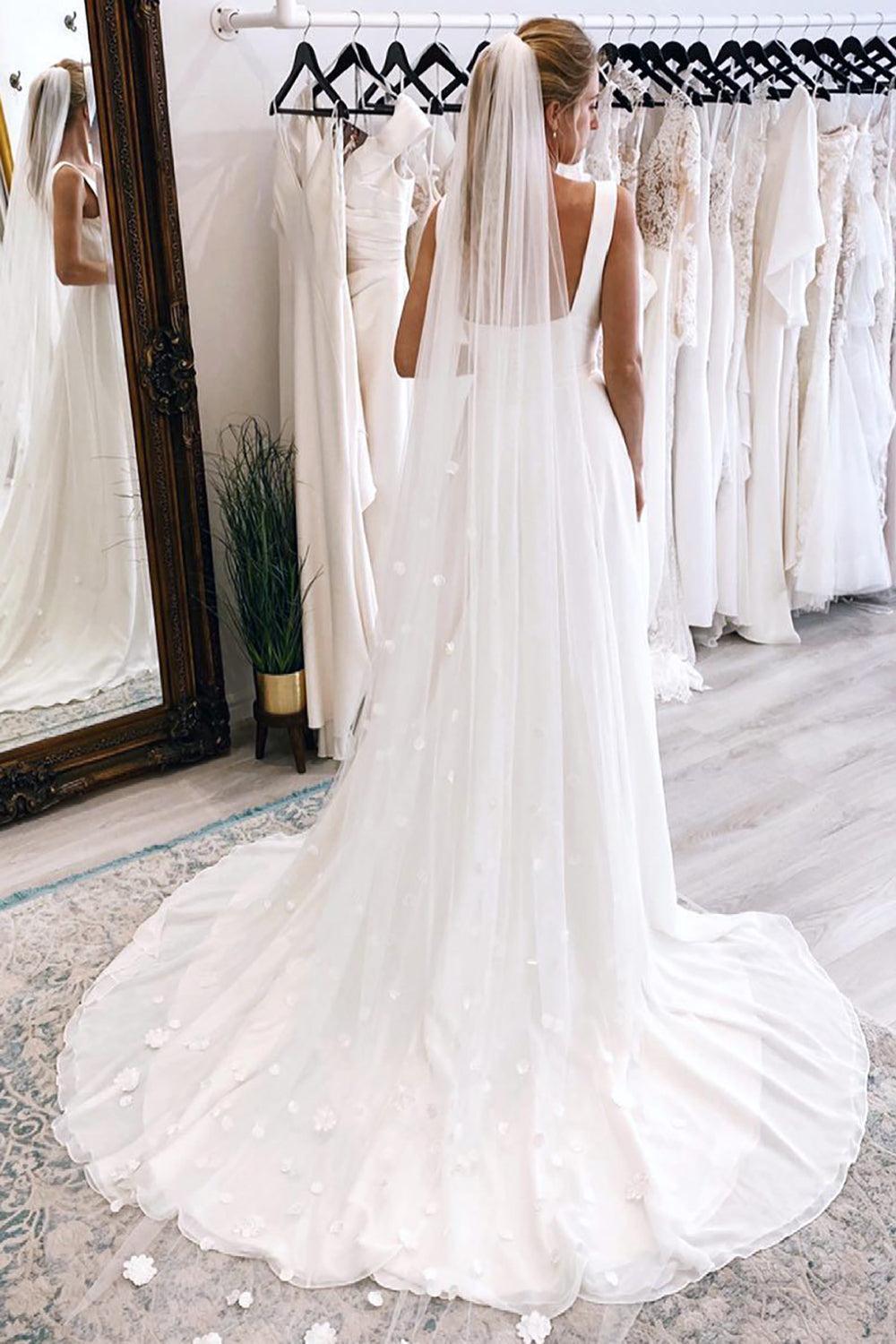 Simple White Square Neck Boho Long Chiffon Beach Wedding Dress